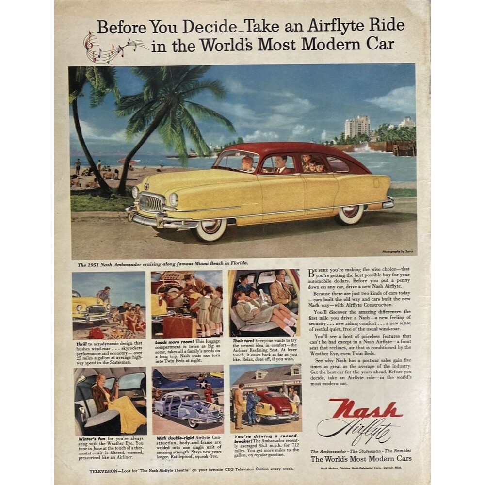 Nash Ambassador "Cruising along Miami Beach Florida" Vintage Print Ad 1951